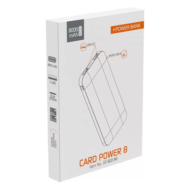 CARD POWER 8, pomoćna baterija za mobilne uređaje, 8000 mah, bela