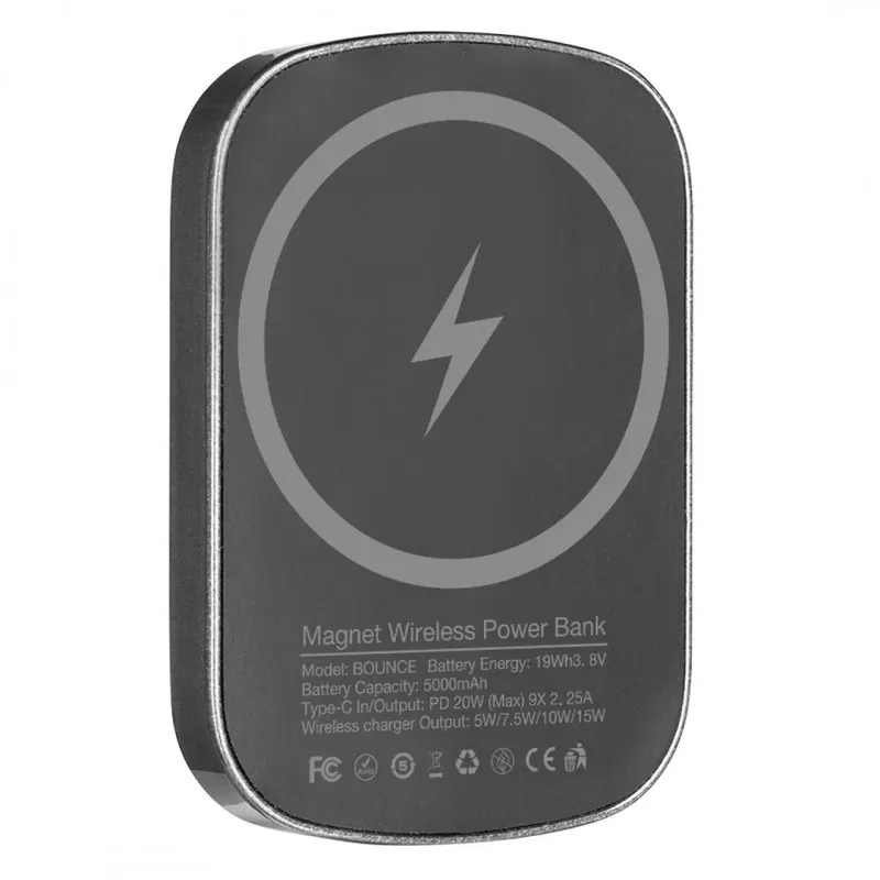 BOUNCE, pomoćna baterija sa magnetom kapaciteta 5000 mah, u poklon kutiji, tamno siva