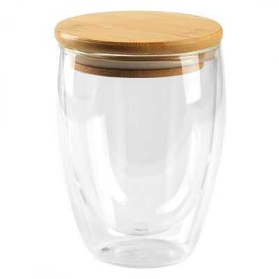 GOLD MAXI, čaša sa dvostrukim zidom i poklopcem od bambusa, 350 ml, transparentna