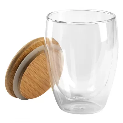 GOLD MAXI, čaša sa dvostrukim zidom i poklopcem od bambusa, 350 ml, transparentna