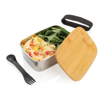 Stainless steel lunchbox with bamboo lid and spork