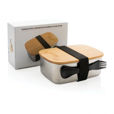 Stainless steel lunchbox with bamboo lid and spork