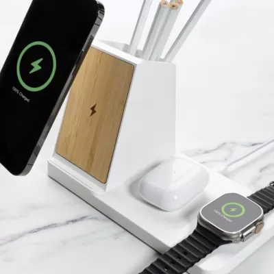 Ontario recycled plastic & bamboo 3-in-1 wireless charger