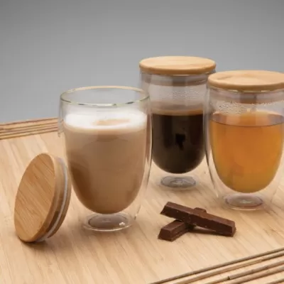 Double wall borosilicate glass with bamboo lid 350ml