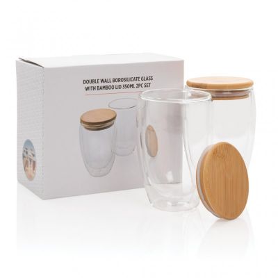 Double wall borosilicate glass with bamboo lid 350ml 2pc set