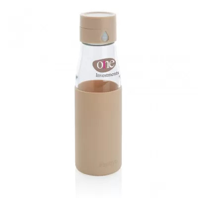 Ukiyo glass hydration tracking bottle with sleeve