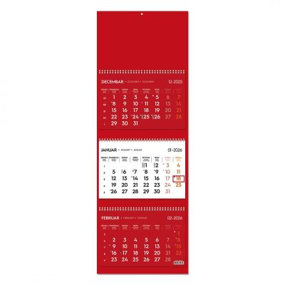 POSLOVNI 73, zidni kalendar: 3 x 12 listova, tromesečni, trodelni, crveni