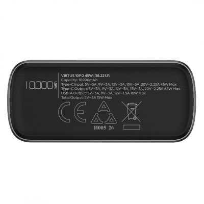 VIRTUS 10PD 45W, pomoćna baterija za laptop, 10.000 mah, 45w, tamno siva