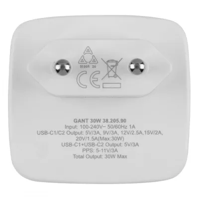 GANT 30W, zidni punjač 30w, beli