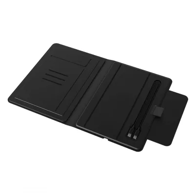 GLOBAL 2IN1, portfolio sa notesom a5, pomoćnom baterijom 5.000 mah, bežičnim punjačem za dva uređaja i magnetom u poklon kutiji, crni