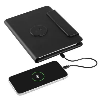 GLOBAL 2IN1, portfolio sa notesom a5, pomoćnom baterijom 5.000 mah, bežičnim punjačem za dva uređaja i magnetom u poklon kutiji, crni