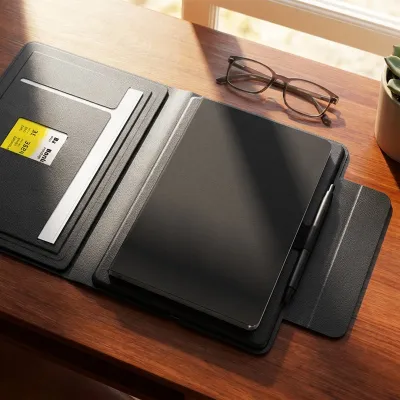 GLOBAL 2IN1, portfolio sa notesom a5, pomoćnom baterijom 5.000 mah, bežičnim punjačem za dva uređaja i magnetom u poklon kutiji, crni