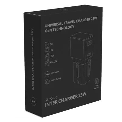 INTER CHARGER 25W, univerzalni putni zidni punjač, 25w, crni