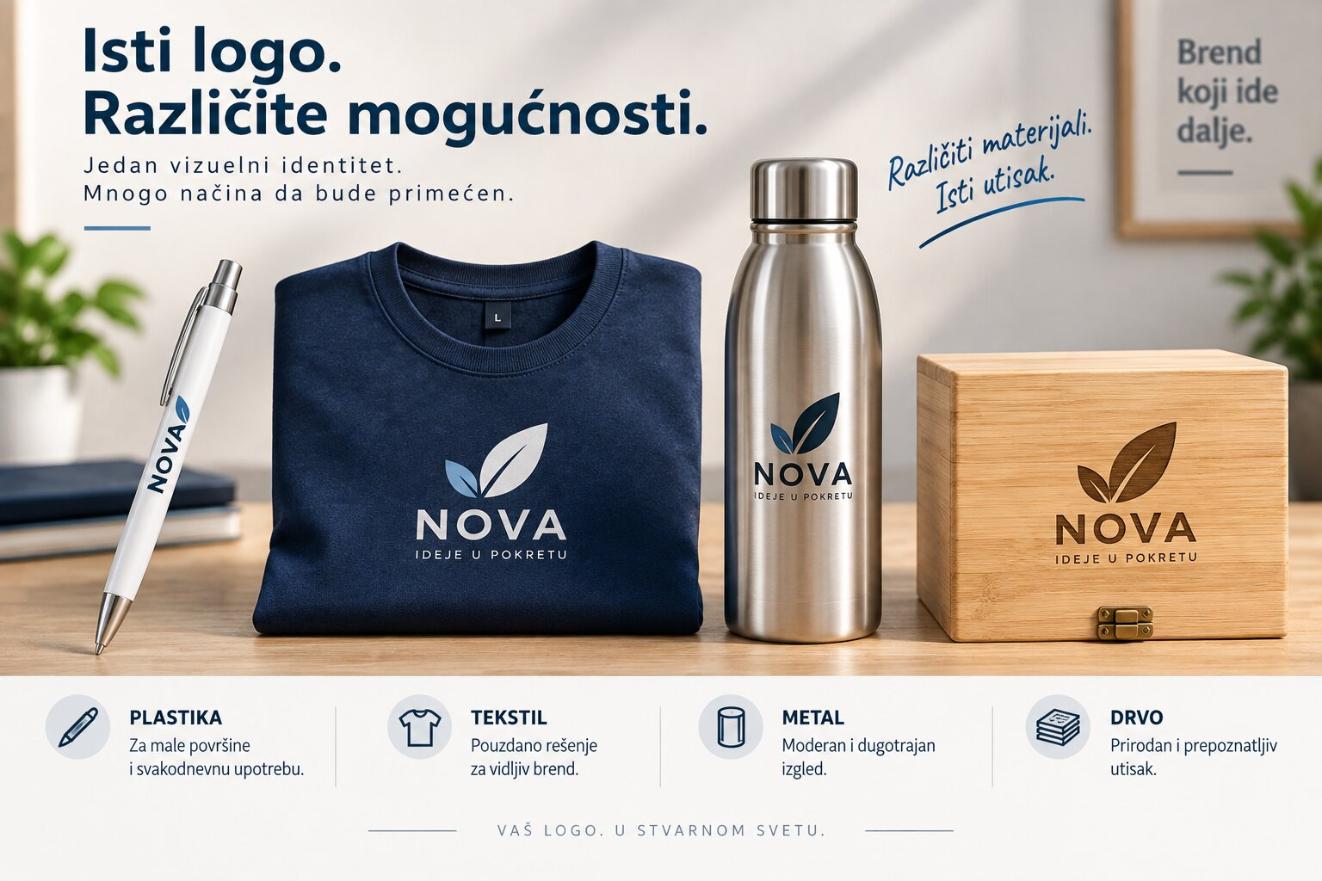 Isti logo primenjen na različitim reklamnim materijalima – olovka, majica, termos boca, drvena kutija