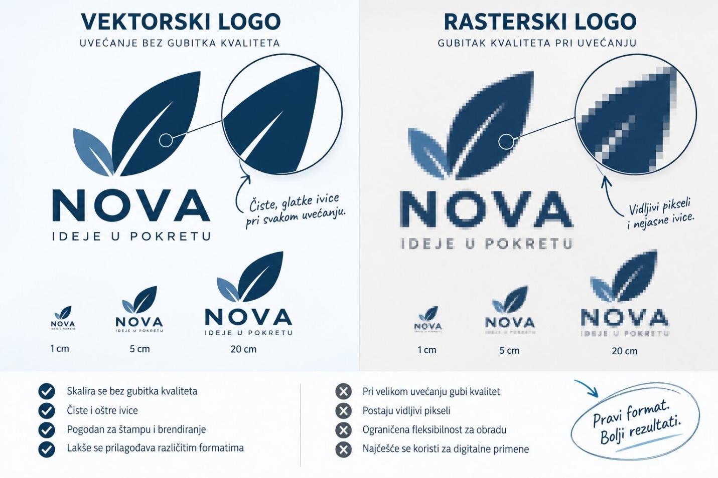 Vektorski logo vs rasterski logo – poređenje ivica pri uvećanju